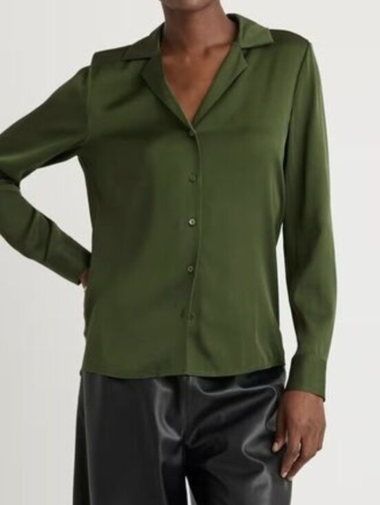 Quince Tops - Quince Washable Stretch Silk Notch Collar Blouse Basil Green Small Long Sleeve